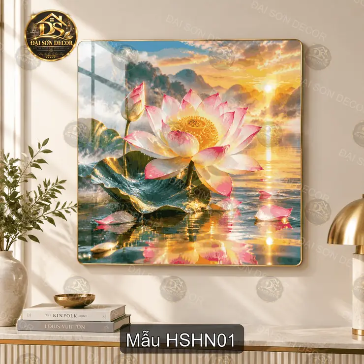 Tranh tráng gương Hoa sen hồ núi vuông decor phòng khách quà tặng HSHN01