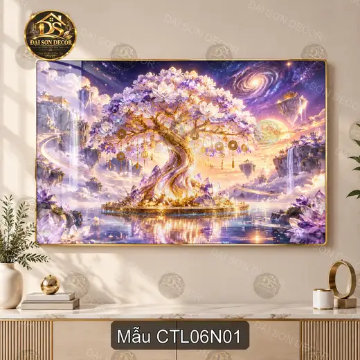 Tranh tráng gương Cây tài lộc 006 nghệ thuật hoa tím treo tường phòng khách làm quà tặng