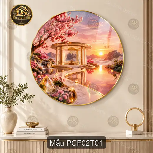 Tranh tròn tráng gương phong cảnh fantasy 002 hoàng hôn hồ nước decor phòng khách