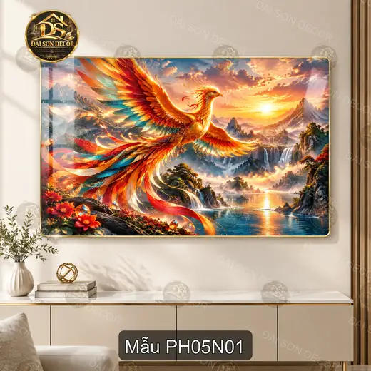 Tranh tráng gương Phượng hoàng 005 phong cảnh nghệ thuật trang trí phòng khách làm quà tặng