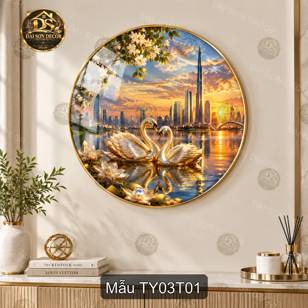 Tranh tròn tráng gương đôi thiên nga tình yêu 003 sang trọng decor nội thất phòng khách