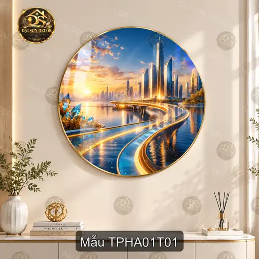 Tranh tròn tráng gương Thành phố hiện đại 001 đường ven sông decor phòng khách