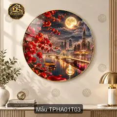 Tranh tròn tráng gương Thành phố hiện đại 001 đường ven sông decor phòng khách