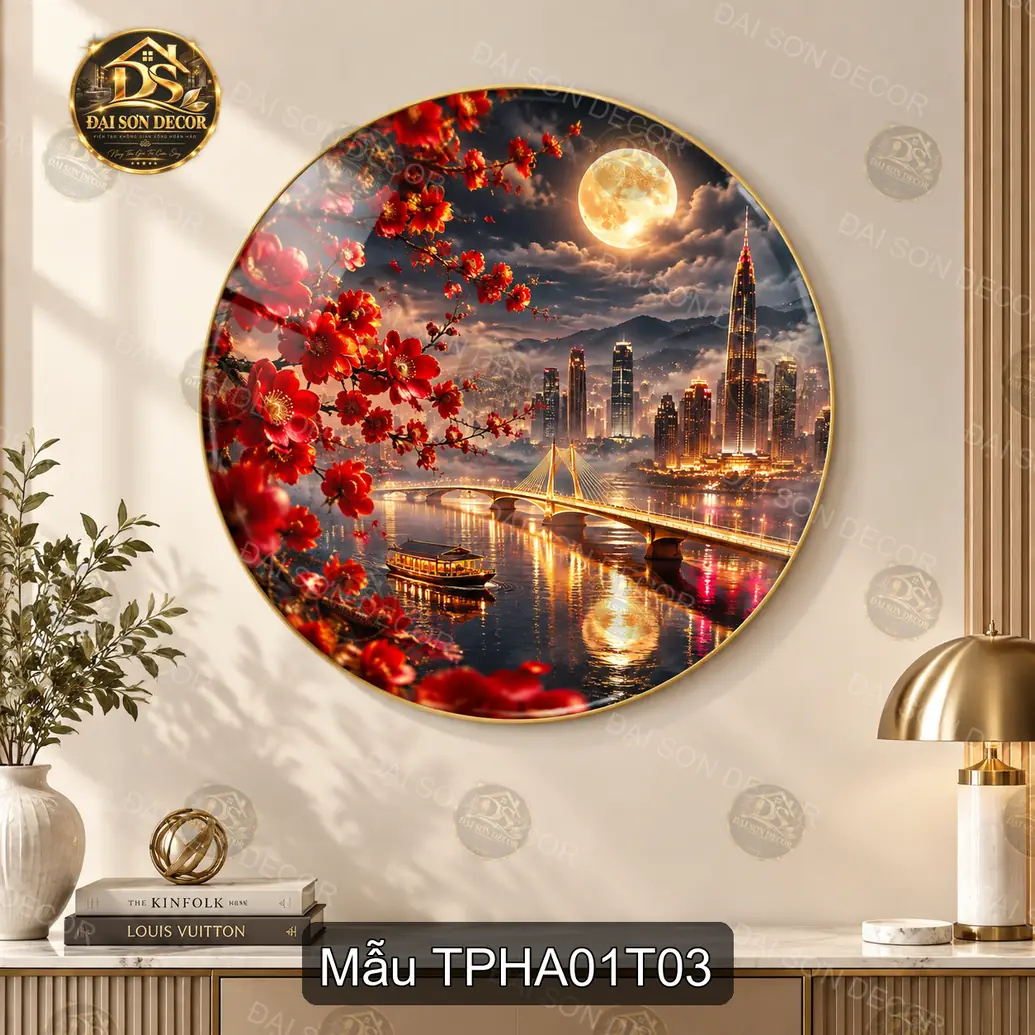 Tranh tròn tráng gương Thành phố hiện đại 001 đường ven sông decor phòng khách