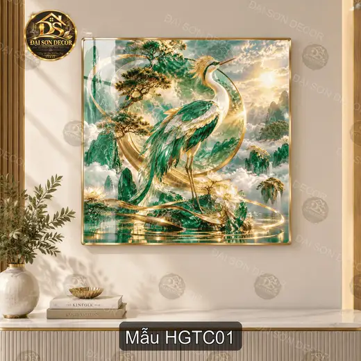 Tranh tráng gương Hạc giữa tiên cảnh decor phòng khách quà tặng ý nghĩa