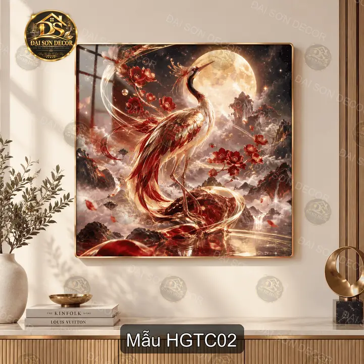 Tranh tráng gương Hạc giữa tiên cảnh decor phòng khách quà tặng ý nghĩa