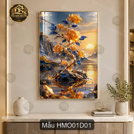 Tranh tráng gương Hoa mẫu đơn 001 hiện đại sáng đẹp treo tường phòng khách