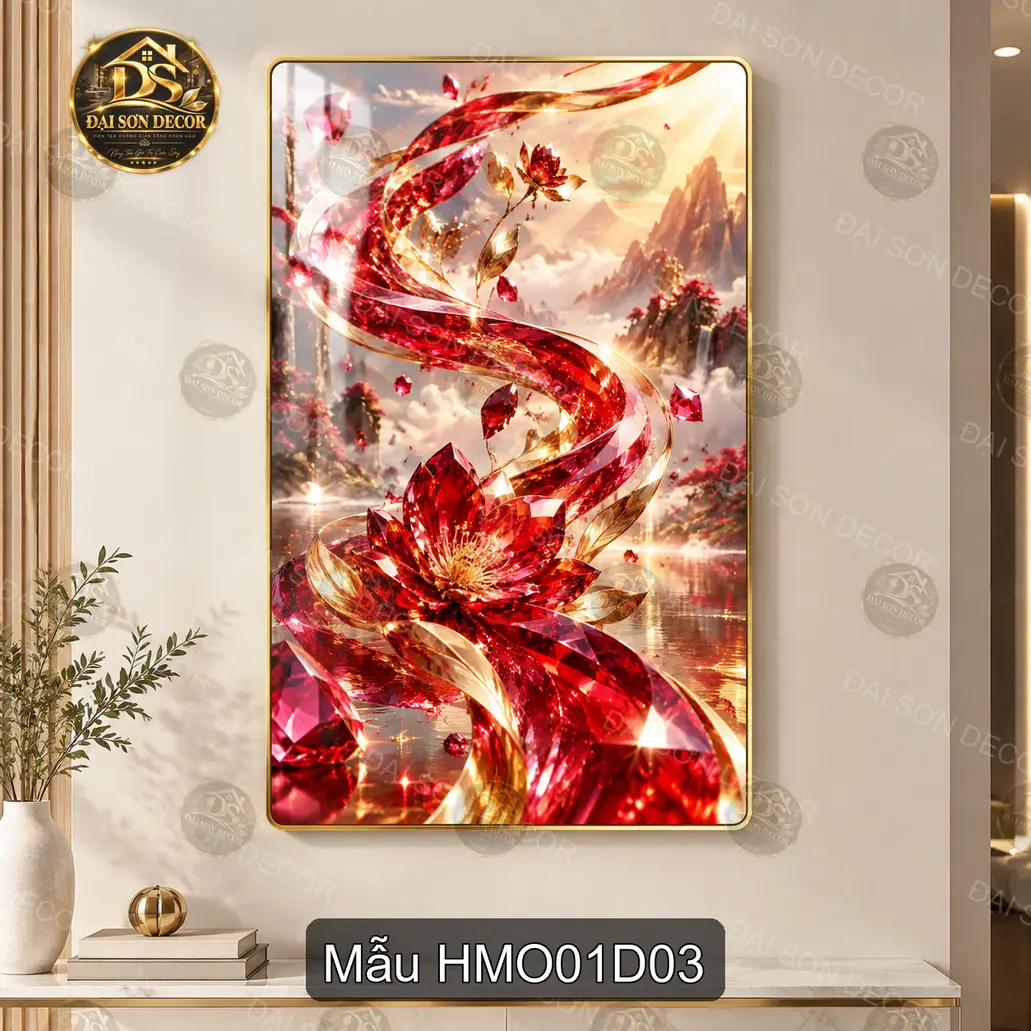Tranh tráng gương Hoa mẫu đơn 001 hiện đại sáng đẹp treo tường phòng khách