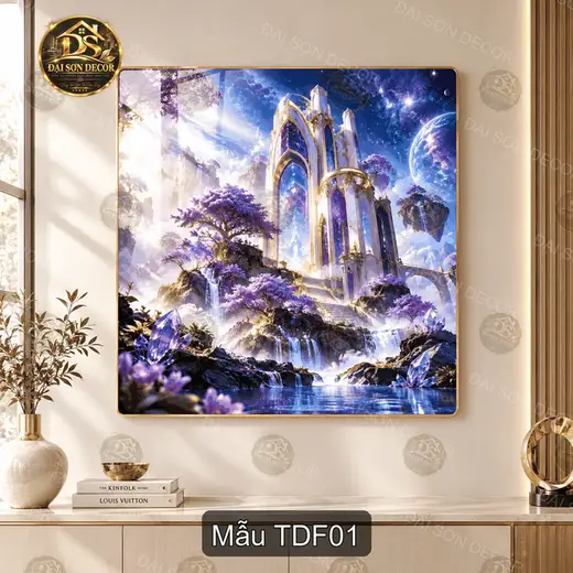 Tranh tráng gương vuông Thánh điện fantasy phong cảnh lâu đài pha lê decor phòng khách
