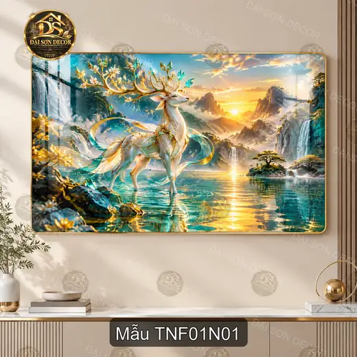 Tranh tráng gương Thiên nhiên fantasy hươu thần cảnh núi non sang trọng decor phòng khách