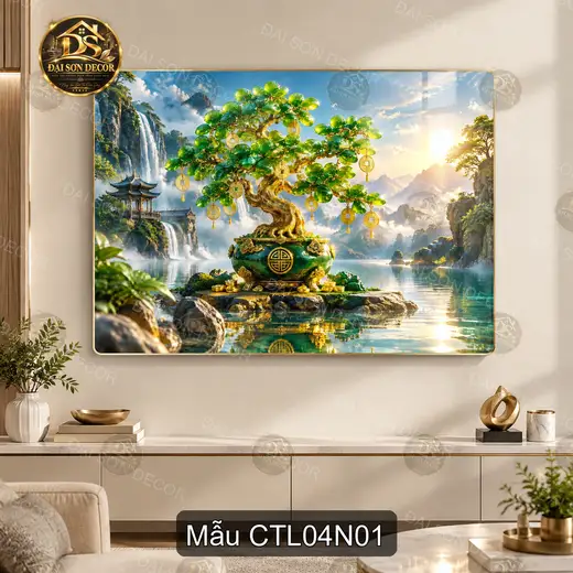 Tranh tráng gương Cây tài lộc 004 phong cảnh sơn thủy decor phòng khách phòng làm việc