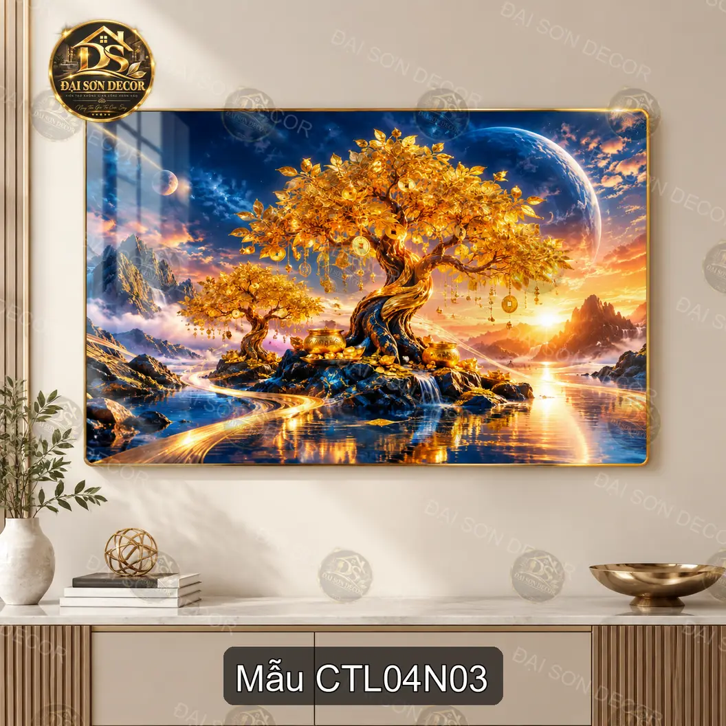 Tranh tráng gương Cây tài lộc 004 phong cảnh sơn thủy decor phòng khách phòng làm việc
