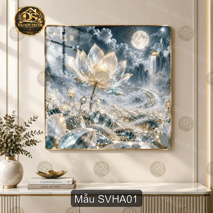 Tranh tráng gương vuông Sen vàng huyền ảo decor phòng khách sang trọng
