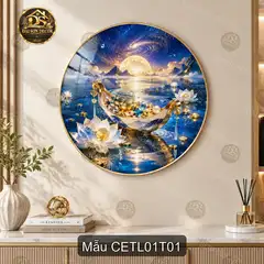 Tranh tròn tráng gương tài lộc thuyền vàng hoa sen trang trí phòng khách
