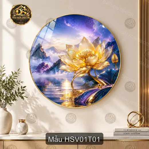 Tranh tròn tráng gương Hoa sen vàng 001 sang trọng dễ phối nội thất phòng khách