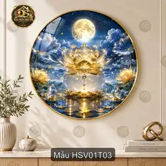 Tranh tròn tráng gương Hoa sen vàng 001 sang trọng dễ phối nội thất phòng khách