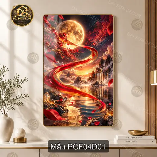 Tranh tráng gương Phong cảnh fantasy 004 dọc sang trọng decor phòng khách dễ phối nội thất
