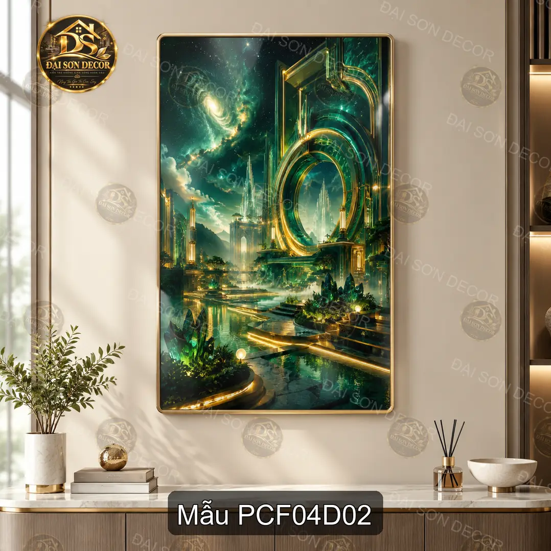 Tranh tráng gương Phong cảnh fantasy 004 dọc sang trọng decor phòng khách dễ phối nội thất