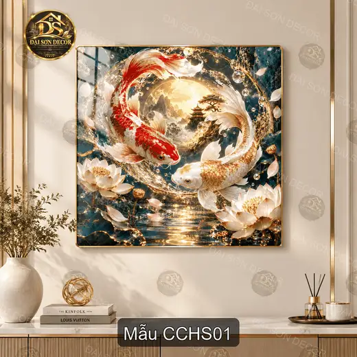 Tranh tráng gương cá chép hoa sen phong cách nghệ thuật trang trí phòng khách quà tặng