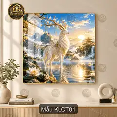Tranh tráng gương Kỳ lân cầu tài decor phòng khách phong cảnh sơn thủy mẫu KLCT01