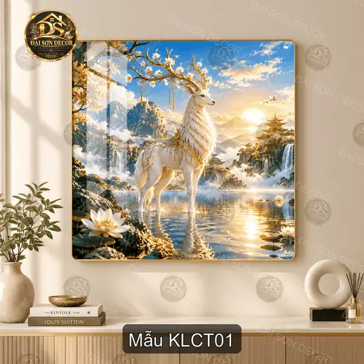 Tranh tráng gương Kỳ lân cầu tài decor phòng khách phong cảnh sơn thủy mẫu KLCT01