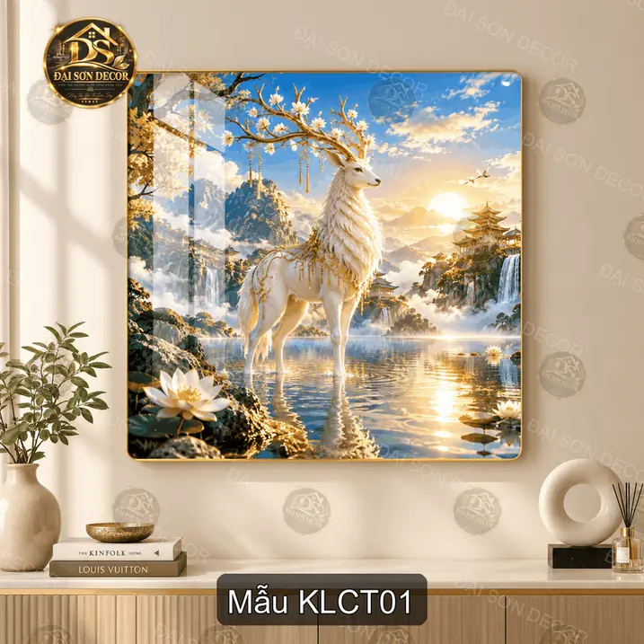 Tranh tráng gương Kỳ lân cầu tài decor phòng khách phong cảnh sơn thủy mẫu KLCT01