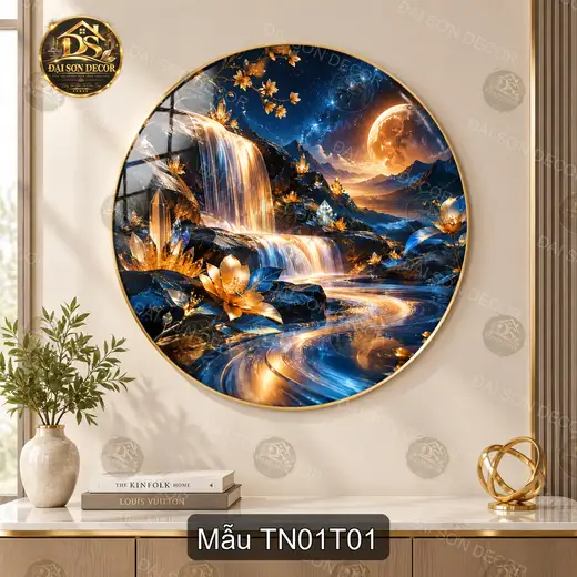 Tranh tròn tráng gương Thác nước 001 phong cảnh thác tiên cảnh decor phòng khách hiện đại