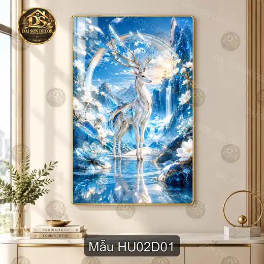 Tranh tráng gương hươu 002 phong cảnh sơn thủy xanh treo dọc decor phòng khách phòng làm việc