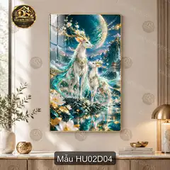 Tranh tráng gương hươu 002 phong cảnh sơn thủy xanh treo dọc decor phòng khách phòng làm việc