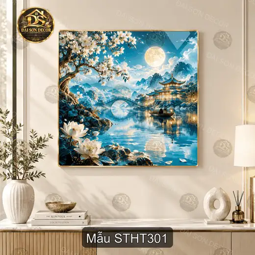 Tranh tráng gương vuông sơn thủy hữu tình phong cảnh non nước treo tường trang trí phòng khách