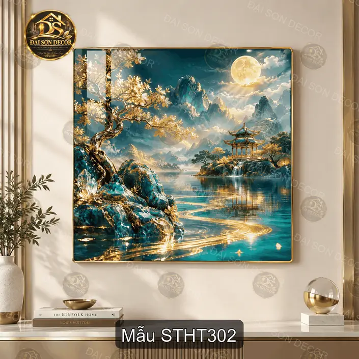 Tranh tráng gương vuông sơn thủy hữu tình phong cảnh non nước treo tường trang trí phòng khách