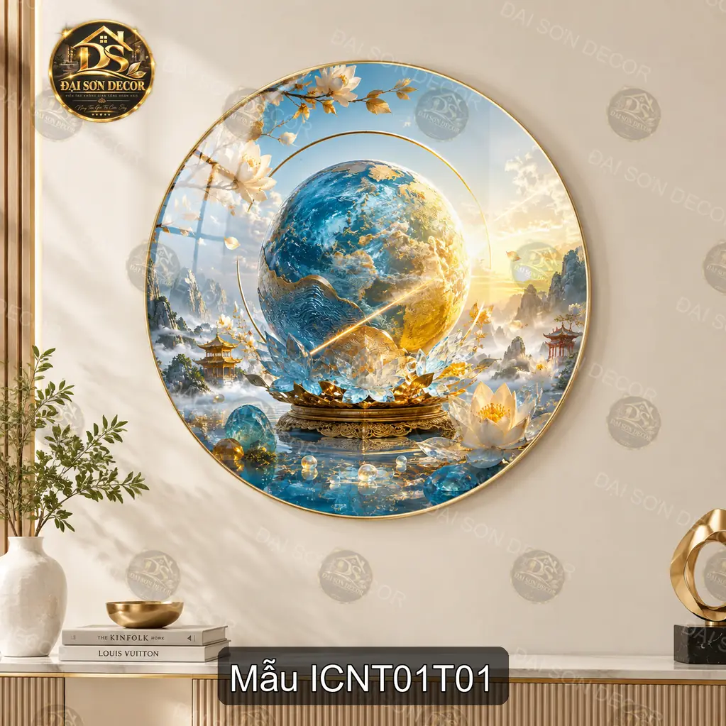 Tranh tròn tráng gương Địa cầu nghệ thuật 001 decor tường hiện đại sáng đẹp phòng khách