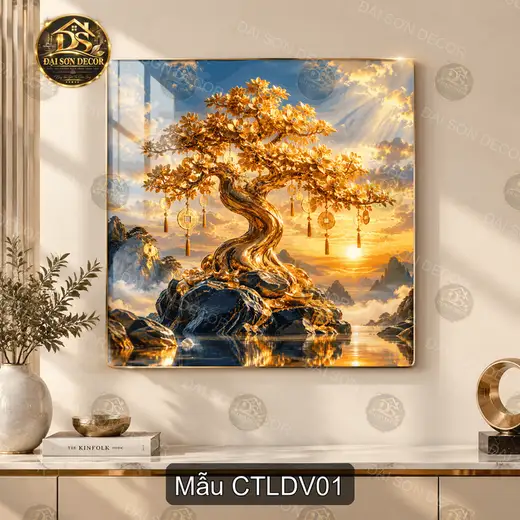 Tranh treo tường Cây tài lộc dát vàng tráng gương phong cách phong thủy trang trí phòng khách