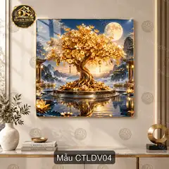 Tranh treo tường Cây tài lộc dát vàng tráng gương phong cách phong thủy trang trí phòng khách