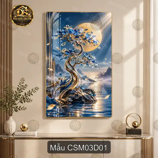 Tranh tráng gương Cây sinh mệnh 003 phong cảnh sơn thủy xanh vàng decor phòng khách