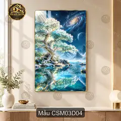 Tranh tráng gương Cây sinh mệnh 003 phong cảnh sơn thủy xanh vàng decor phòng khách