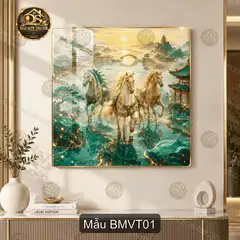 Tranh tráng gương Bát mã vượt thủy vuông BMVT01 decor phòng khách quà tặng tân gia
