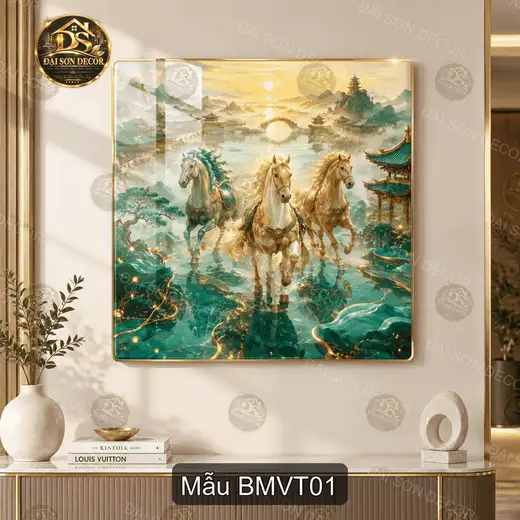 Tranh tráng gương Bát mã vượt thủy vuông BMVT01 decor phòng khách quà tặng tân gia