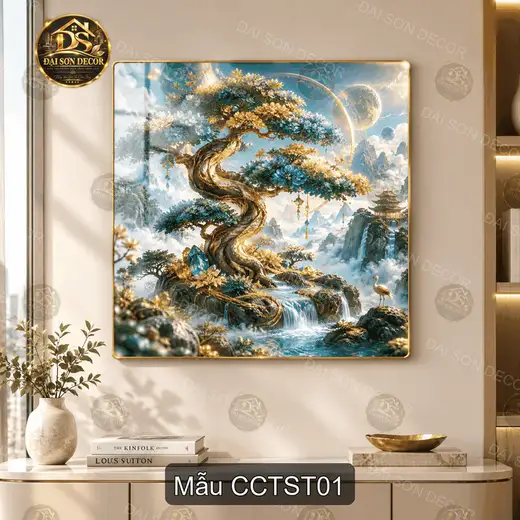Tranh tráng gương cây cổ thụ sơn thủy treo tường decor phòng khách sang trọng