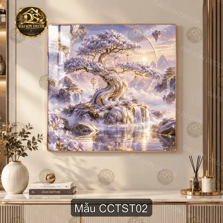 Tranh tráng gương cây cổ thụ sơn thủy treo tường decor phòng khách sang trọng