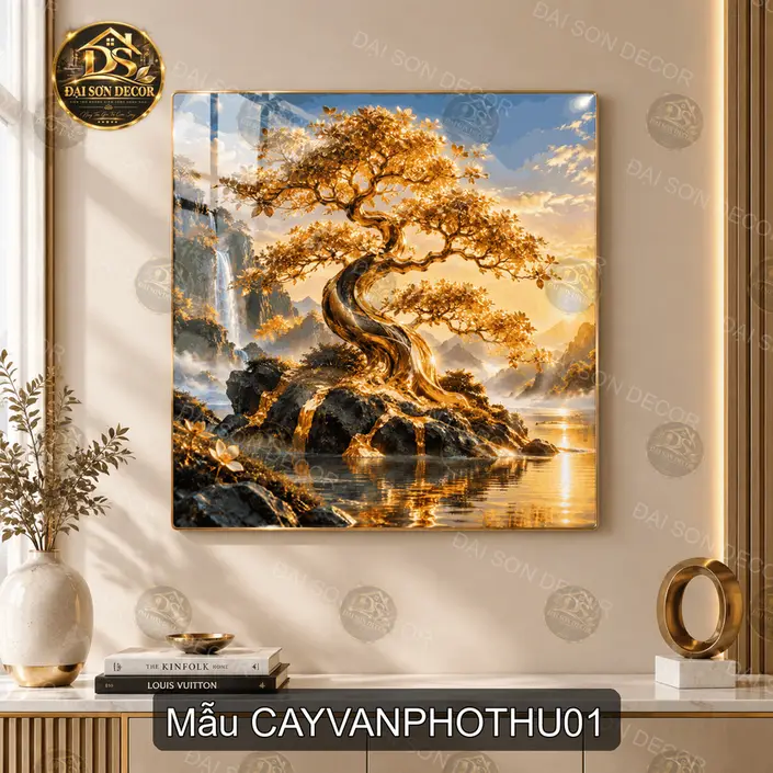 Tranh tráng gương Cây vàng phong thủy vuông decor phòng khách quà tặng tân gia ý nghĩa
