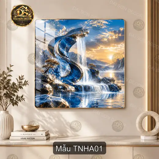 Tranh tráng gương vuông Thác nước huyền ảo decor phòng khách sang trọng TNHA01
