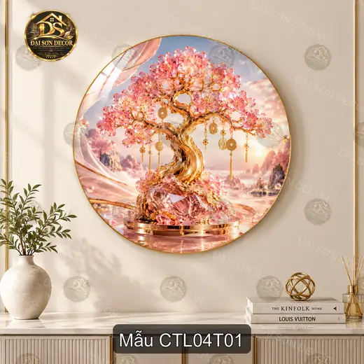 Tranh tráng gương tròn Cây tài lộc 004 hoa đào nghệ thuật decor phòng khách sang trọng