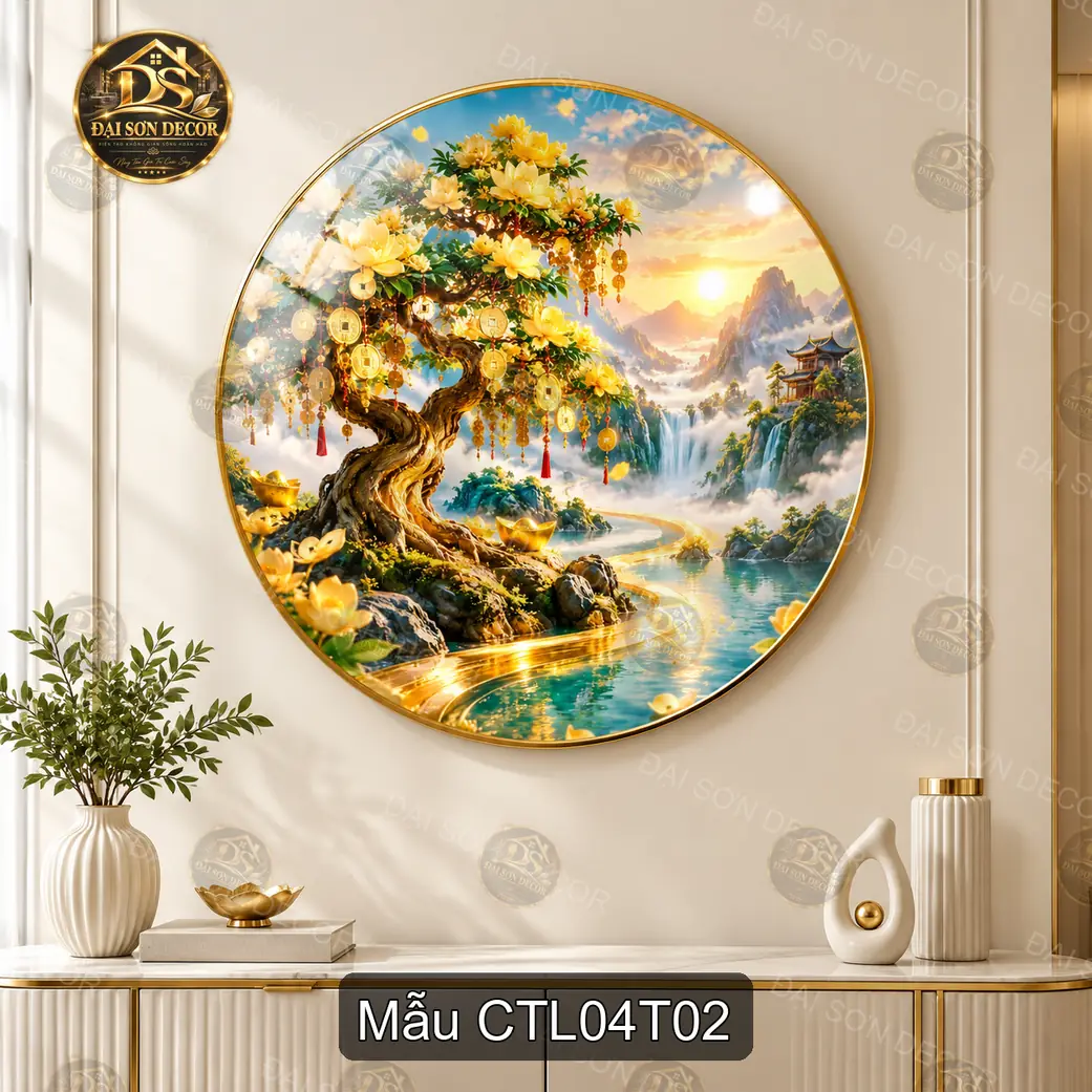 Tranh tráng gương tròn Cây tài lộc 004 hoa đào nghệ thuật decor phòng khách sang trọng