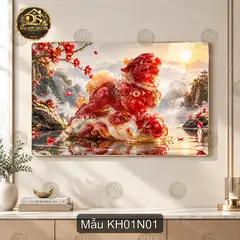 Tranh tráng gương kỳ lân đỏ bên hồ đào mai nghệ thuật decor phòng khách sang trọng