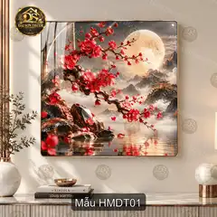 Tranh tráng gương Hoa mai dưới trăng vuông decor phòng khách quà tặng trang trí