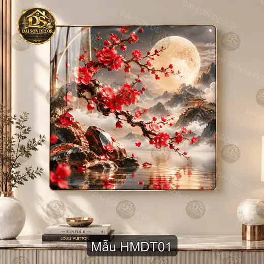 Tranh tráng gương Hoa mai dưới trăng vuông decor phòng khách quà tặng trang trí