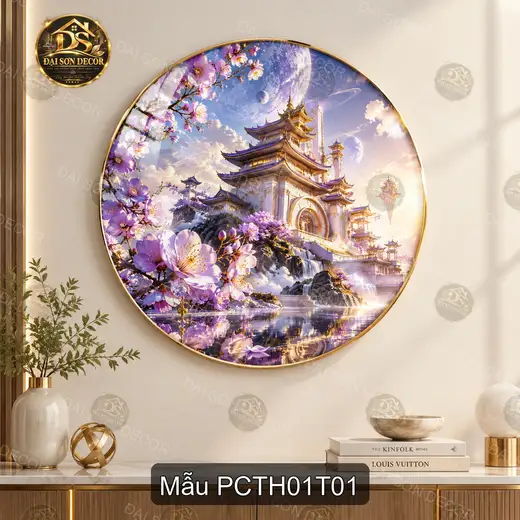 Tranh tròn tráng gương phong cảnh Trung Hoa hiện đại hoa đào chùa cổ decor treo tường