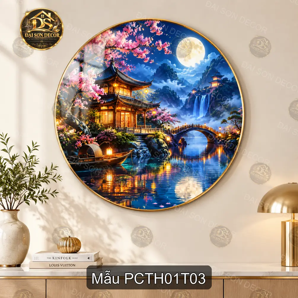 Tranh tròn tráng gương phong cảnh Trung Hoa hiện đại hoa đào chùa cổ decor treo tường