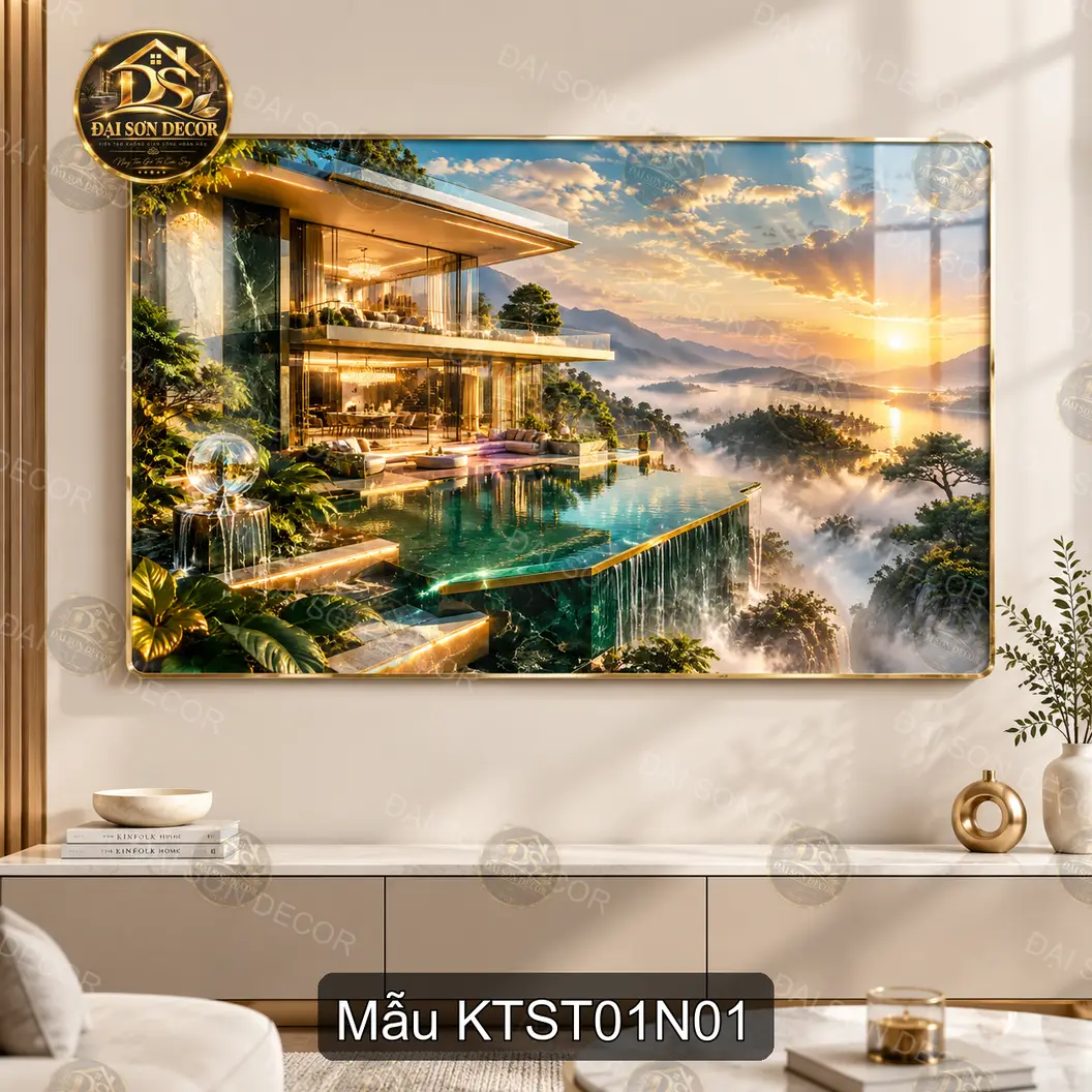 Tranh tráng gương Kiến trúc sang trọng 001 biệt thự hồ bơi hoàng hôn decor phòng khách